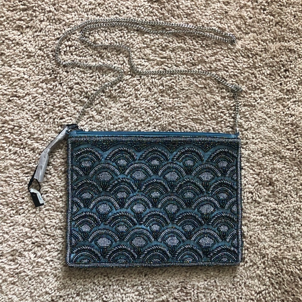 Beaded clutch purse with chain strap, steel gray